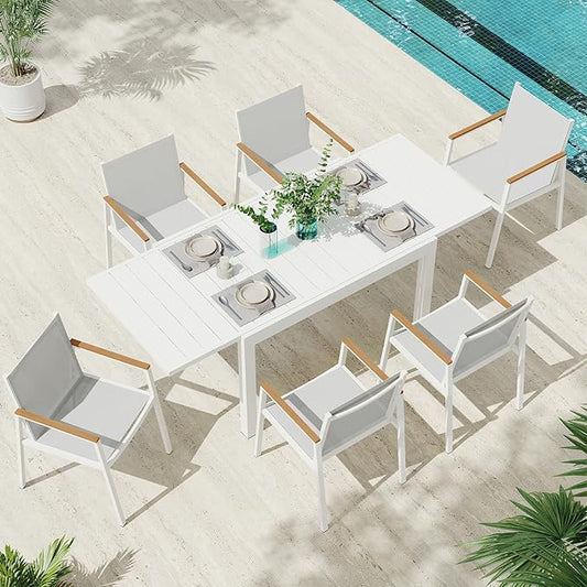 Expandable Outdoor Patio Dining Table Set for 6-8 Person, Aluminum Outdoor Table and 6 Chairs with Textilene Fabric & HDPS Armrest, All-Weather Patio Furniture Set for Yard, Garden, White
