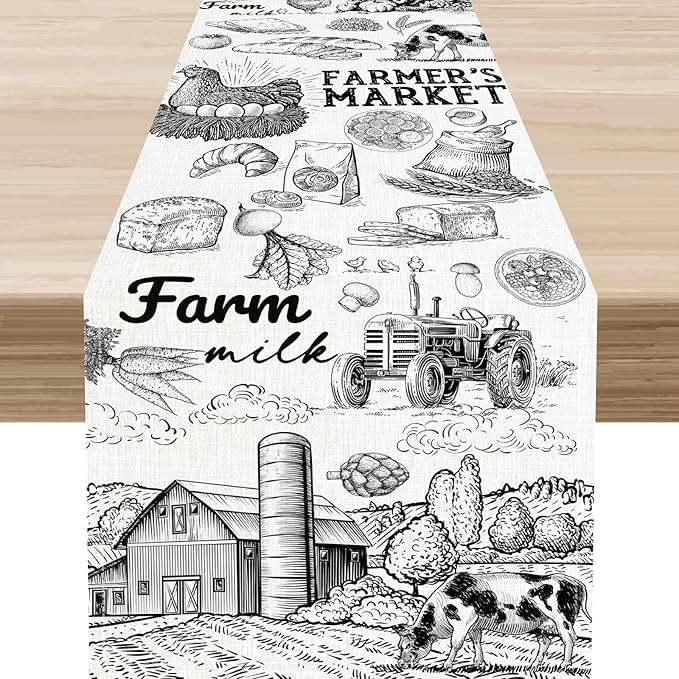 Farm Animals Table Runner, Rustic Farmhouse Cow Pig Rooster Watercolor Coffee Table Center Decor for Home Kitchen Dining Patio Holiday Party Indoor Outdoor Table Decorations, 13"x72" Inch