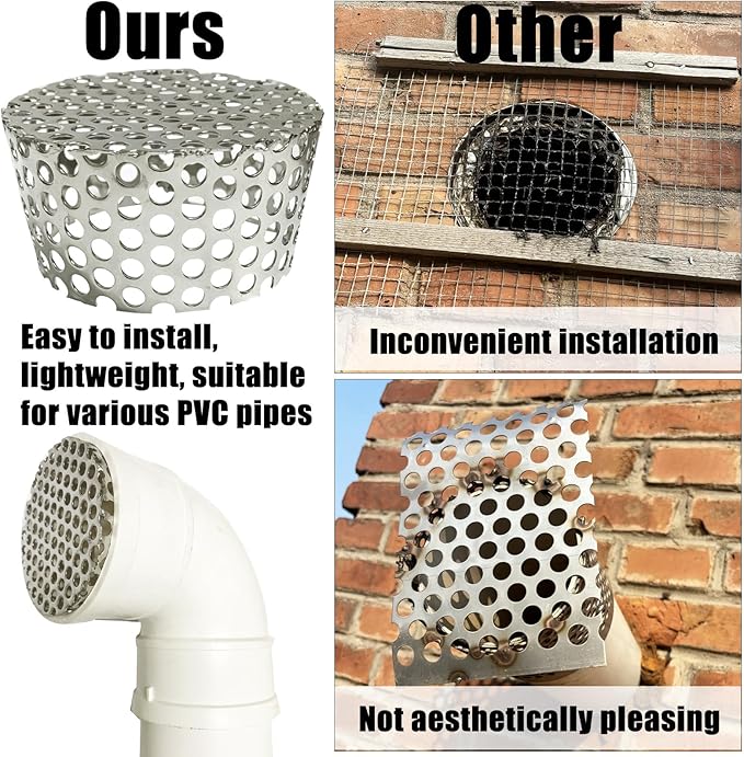 PVC Termination Mesh Vent Cover - 2Pack, Furnace&Roof Vent Cap, OD 2.4 to 2.98in Multihole Mesh for 2.5 to 2.98in ID Pipe, Stainless Steel Conical Vent Mesh, Used for Keep Birds and Leaves Debris Out