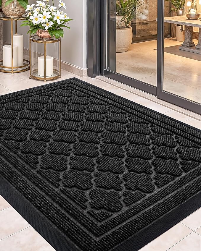 Color&Geometry Front Door Mat Outside Entrance, Heavy Duty Non Slip Low Profile Doormat for Entryway, Trap Dirt and Moisture Welcome Mats All-Weather, Easy Clean, Patio, Garage, 24"x36" Black