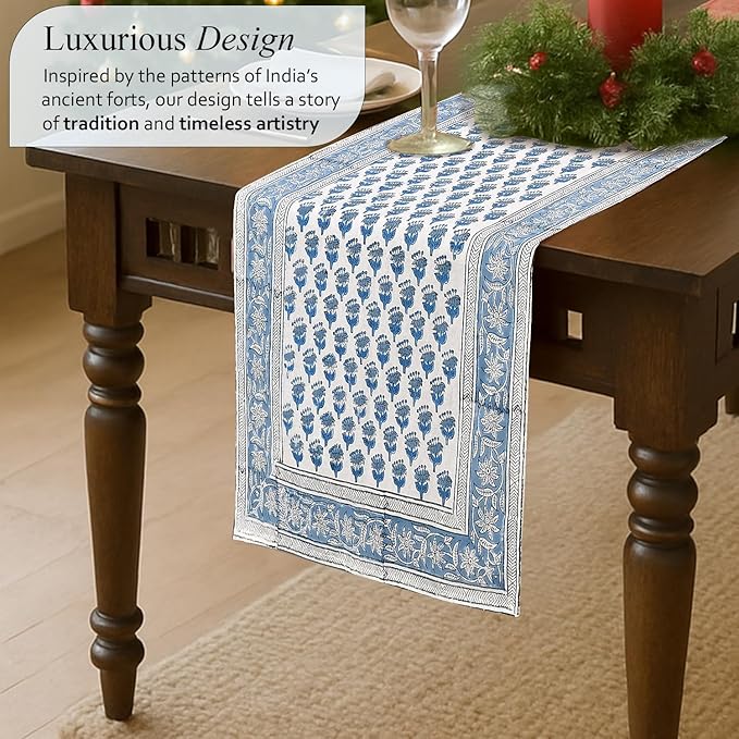 CPC Cotton Table Runner 16x60 Inch Block Printed Long Fall Table Runner for Dining Table, Card Table, Coffee Table, Wedding, Farmhouse & Outdoor Barbeque-Apatite Blue