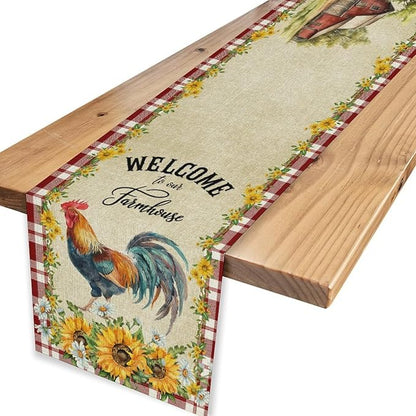 Rooster Table Runner, Farmhouse Red Plaid Sunflower Floral Chicken Farm Cow Pig Rustic Coffee Table Center Decor for Family Kitchen and Dining Room Outdoor Country Party Table Decorations, 13"x108"