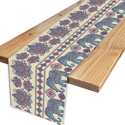 Boho Elephant Table Runner, Rustic African Tribe Animal Damask Diwali India Mandala Art Print Purple Coffee Table Center Decor for Home Kitchen Holiday Party Outdoor Table Decorations, 13"x90"