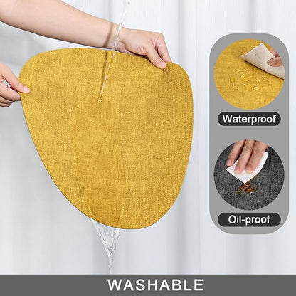 Placemats and Coasters, Washable Reversible Placemats Round Faux Leather Wipeable Place Mats Non Slip Heat Resistant Indoor Outdoor Table Mats (Set of 4, Gray Yellow)