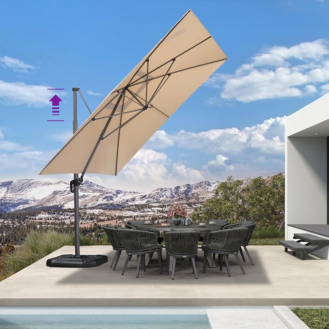 PURPLE LEAF Patio Telescopic Umbrella 11.5' x 11.5' Up Down Lifting Beige | - Image 2