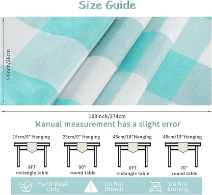 Fabric Checkered Table Runner 12 Pack Waterproof Gingham Table Runner 14W x 108L Buffalo Check Table Runners for Parties Kitchen Dining Wedding Banquet (Aqua and White)