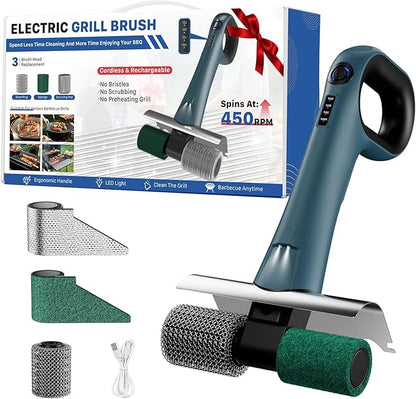 Hillyfe Grill Brush for Outdoor，Cordless Rechargeable Grill Brush with 3 Brush Heads, Grill Electric Cleaning Brushes Without Bristles, LED Light, Grill Scraper, Grilling Gifts for Men,Blue