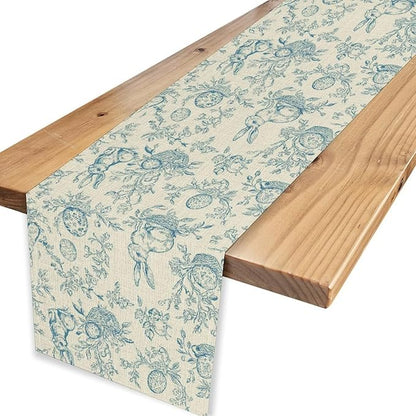 Easter Table Runner,Vintage Blue Beige Bunny Rabbit Easter Eggs Floral Spring Seasonal Table Center Decor for Family Kitchen Living Room Outdoor Farmhouse Party Table Decorations, 13"x36"