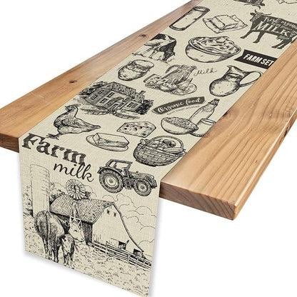 Farm Animals Table Runner, Rustic Farmhouse Rooster Cow Chicken Black Print Watercolor Coffee Table Center Decor for Home Kitchen Dining Patio Party Indoor Outdoor Table Decorations, 13" X 108"