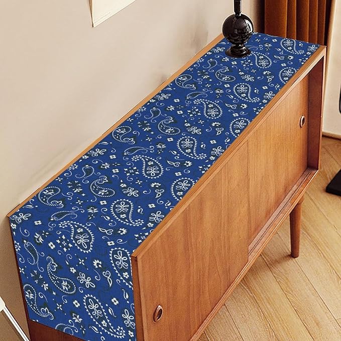 Blue Paisley Table Runner, Vintage Damask Antique Floral Flower Boho Damask Swirled Rustic Coffee Table Center Decor for Family Kitchen and Living Room Outdoor Table Decorations, 13"x108"