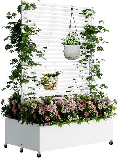 Double Metal Planter Box with Trellis Privacy Screen, Raised Garden Bed with Trellis & Wheels, Planter Box Outdoor with Drainage Holes for Climbing Plants, Vegetable, Vines,73"x 47"x 30", White