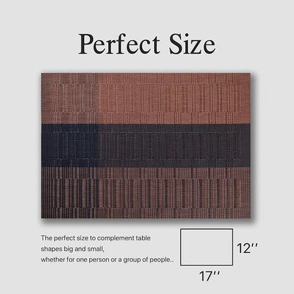 Placemats Set of 12 - Easy Clean Woven Vinyl Placemats for Dining Table, Indoor/Outdoor Place Mats, Washable PVC Table Mats （Ombre Brown Black）