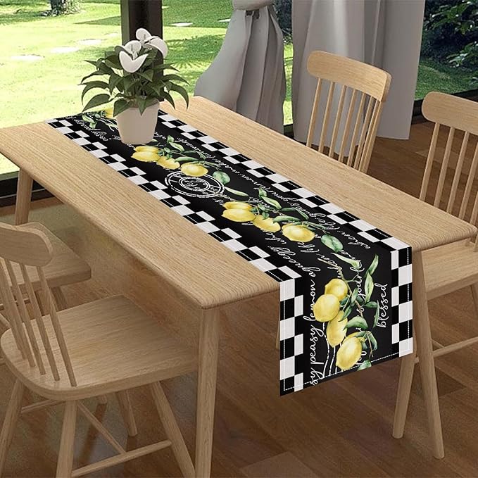 Lemon Table Runner, Farmhouse Black Buffalo Plaid Seasonal Summer Spring Fruits Rustic Coffee Table Center Decor for Home Kitchen Dining Party Patio Indoor Outdoor Table Decorations, 13"x108" Inch