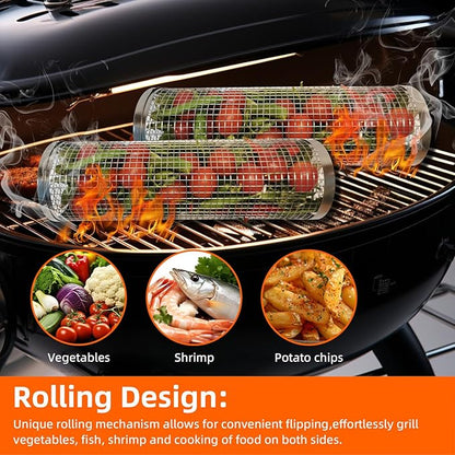 2PCS Grill Basket,Vegetable Grill Basket,Rolling Grill baskets for outdoor grill,grilling gifts for men,Grill Nets,Stainless Steel Grill Basket