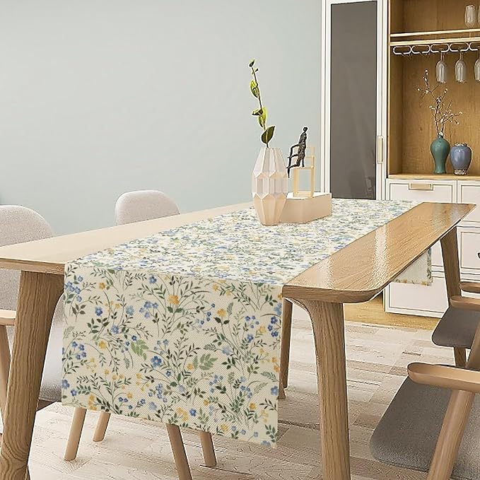 Rustic Flower Table Runner, Spring Sage Green Eucalyptus Leaves Watercolor Floral Flower Plant Leaves Print Table Cover for Dinning Holiday Home Picnic Party Decor, 13x60inch