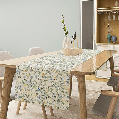 Rustic Flower Table Runner, Spring Sage Green Eucalyptus Leaves Watercolor Floral Flower Plant Leaves Print Table Cover for Dinning Holiday Home Picnic Party Decor, 13x36inch