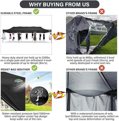 COBIZI 10x30 Pop up Canopy Tent 10x30 Canopy No Sidewall Waterproof Heavy Duty Commercial for Parties Outdoor Garden Gazebo Tent, Carry Bag with Wheel(10x30ft No Sidewalls, Black)