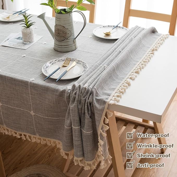 Pahajim Rustic Linen Tablecloth Cotton Rectangle Table Cloth for Kitchen Dining with Tassel Plaid Waterproof Tablecloths Rectangle/Oblong,55''x94'', 6-8 Seats