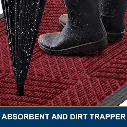 Smiry Front Door Mat Outside Entrance, Heavy Duty Sturdy Natural Rubber Doormat, Trap Dirt and Moisture, Easy Clean Low Profile Mats for Indoor Outdoor Entry, Irregular Triangle (59x24, Wine Red)