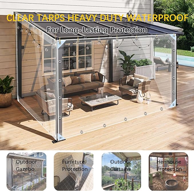 Clear Tarps Heavy Duty PVC, Transparent Tarp Durable Waterproof Dustproof Windproof, Tarpaulin with Grommets & Ropes for Greenhouse, Patio, Garden, Pavilion, Chicken, Porch, Outdoor（6' x 8'）