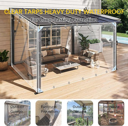 Clear Tarps Heavy Duty PVC, Transparent Tarp Durable Waterproof Dustproof Windproof, Tarpaulin with Grommets & Ropes for Greenhouse, Patio, Garden, Pavilion, Chicken, Porch, Outdoor（12' x 12'）