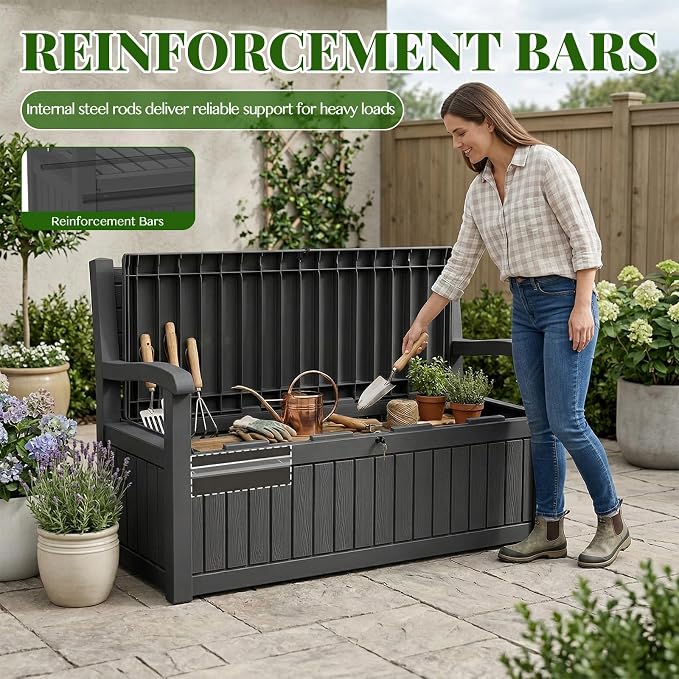 120 Gallon Outdoor Storage Bench, Lockable Patio Storage Bench, - Image 2