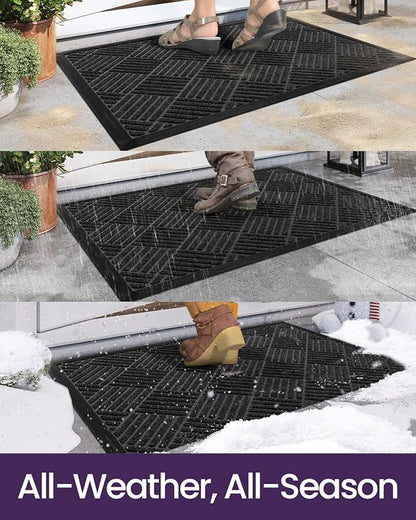 DEXI Front Door Mat Outside Entrance, 17x29 Rubber Entry Doormat Heavy Duty, Welcome Mats Non Slip for Inside House Floor Entryway Back Doors Exterior Patio, Diamond Black