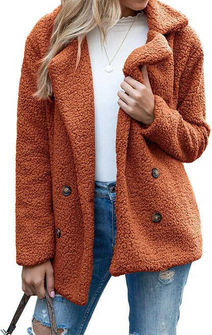 Women's Winter Warm Plush Cardigan Fuzzy Fleece Lapel Jacket with Buttons Pockets Long Sleeve Casual Outerwear