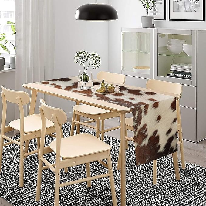 Cow Print Table Runner, Western White Brown Cowhide Rustic Coffee Table Runner for Home Kitchen Dining Room Farmhouse 13x70in