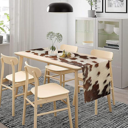 Cow Print Table Runner, Western White Brown Cowhide Rustic Coffee Table Runner for Home Kitchen Dining Room Farmhouse 13x36in