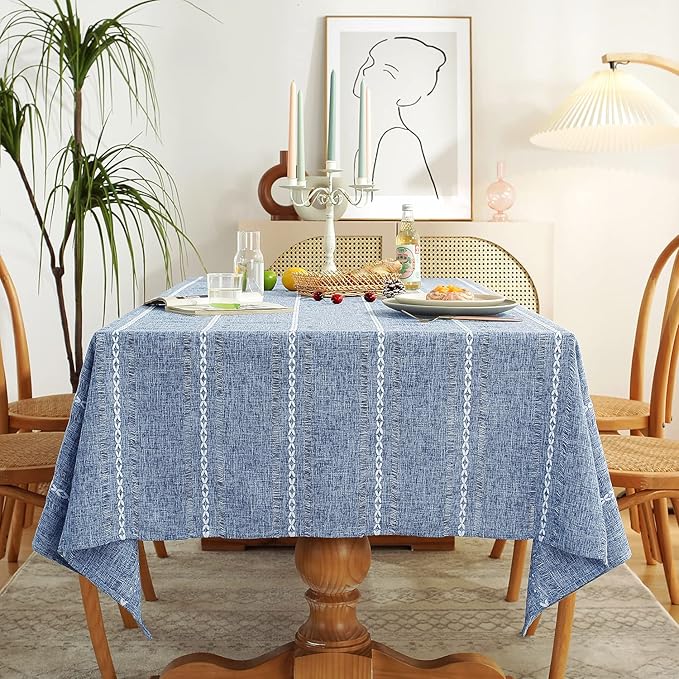 Chassic 60 x 104 inches Farmhouse Style Linen tablecloths, Wrinkle Resistant Washable Dining Room Table Cloths for 6 Foot Rectangle Tables - Hemstitch Blue