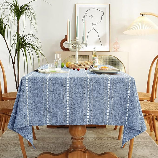 Chassic 60 x 104 inches Farmhouse Style Linen tablecloths, Wrinkle Resistant Washable Dining Room Table Cloths for 6 Foot Rectangle Tables - Hemstitch Blue