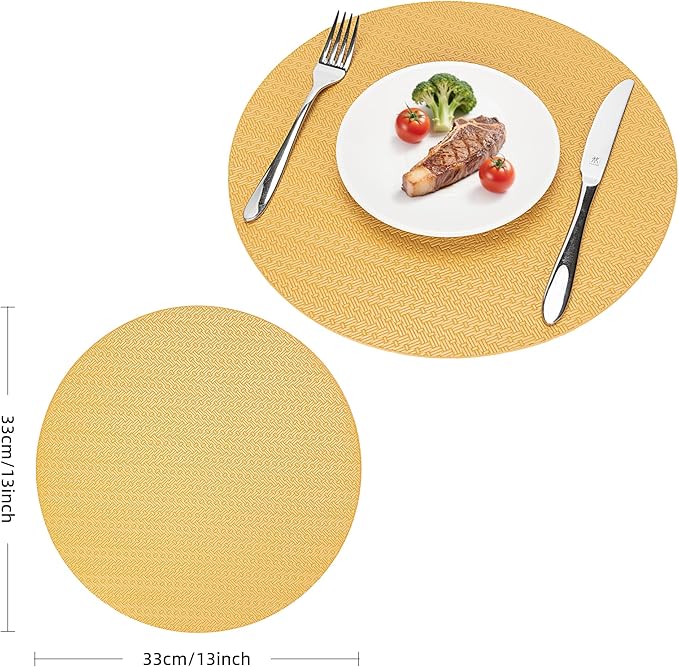 Round Faux Leather Placemats Set of 6 – 13 Inch Vinyl Mats, Heat Resistant, Non Slip, Wipeable & Washable, Easy to Clean Decor for Kitchen & Holiday Meals – Golden Yellow