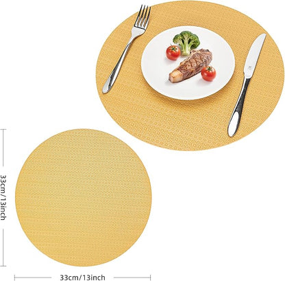 Round Faux Leather Placemats Set of 6 – 13 Inch Vinyl Mats, Heat Resistant, Non Slip, Wipeable & Washable, Easy to Clean Decor for Kitchen & Holiday Meals – Golden Yellow