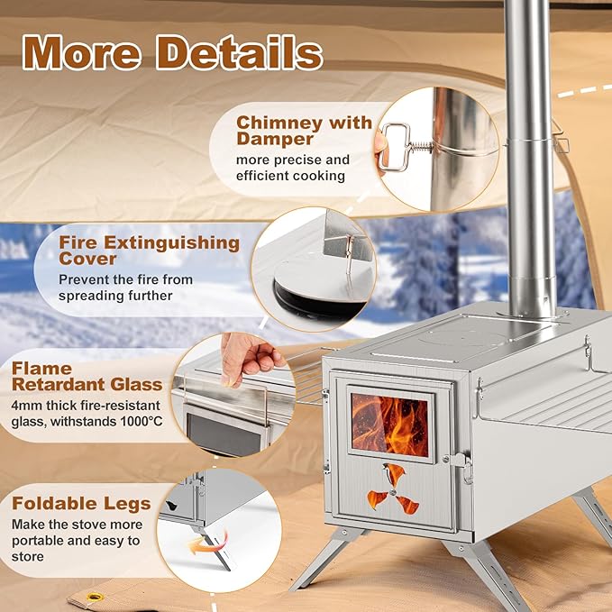Hot Tent Stove, Camping Wood Burning Stove with 7 Stainless Chimney Pipes and Anti-Spark, Small Camping Wood Stove for Outdoor Heating, Cooking, Ice Fishing, Hunting