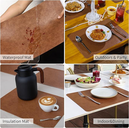 Cowhide Pattern Faux Leather Placemats Set of 6,Heat Resistant Non-Slip Waterproof Wipeable Washable Kitchen Dining PU Table Place Mats,Double-Sides Available,Dark Coffee