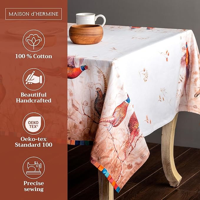 Maison d' Hermine Table Cloth Rectangle Table 100% Cotton 60 x 120 Inches Fall Tablecloth Reusable Everyday Use for Thanksgiving Christmas Decorations Dining Farmhouse Party (Faisan D'Automne)