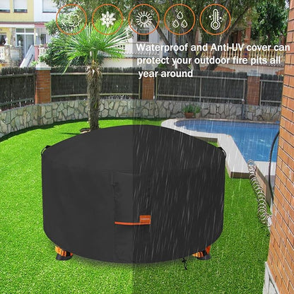 Fire Pit Cover,Outdoor Heavy Duty 600D 100% Waterproof Fire Pit Cover Round,Weatherproof Firepit Covers Round 38" Dia x 24" H,Black