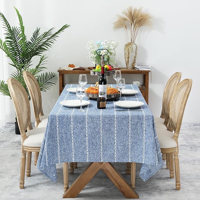 Chassic 60 x 104 inches Farmhouse Style Linen tablecloths, Wrinkle Resistant Washable Dining Room Table Cloths for 6 Foot Rectangle Tables - Blue
