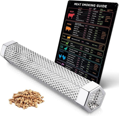 BBQ Meat Temperature Magnet & Pellet Smoker Tube Bundle – Durable Meat Smoking Guide & Stainless Steel Pellet Smoker Tube for Gas, Charcoal, & Electric Grills – Essential BBQ & Grilling Accessories