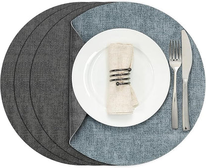 Myir JUN Round Placemats, Dual Sided Faux Leather Place Mats Set of 4 Indoor/Outdoor Non-Slip Washable Table Mats (Gray Light Blue, Set of 4)