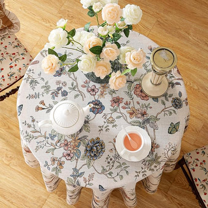 ISAENNE Designer French Light Beige Round Tablecloth,Linen Florals and Birds Pattern Table Cloth,Anti-Wrinkle Decorative Tablecloths for Dining Thanksgiving Kitchen,Diameter 67"-Cornucopia