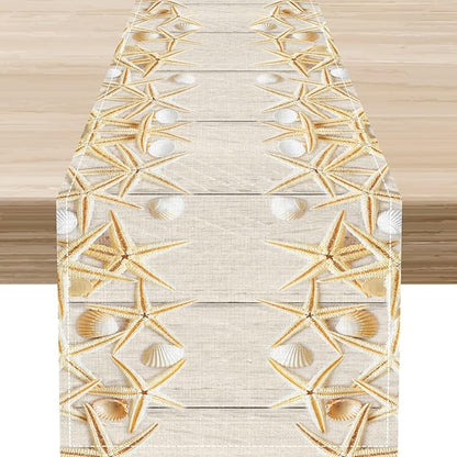 Summer Table Runner, Rustic Wood Plank Beach Starfish Seashells Coastal Nautical Tropical Ocean Farmhouse Table Center Decor for Home Kitchen Dining Patio Indoor Outdoor Decorations, 13"x108" Inch
