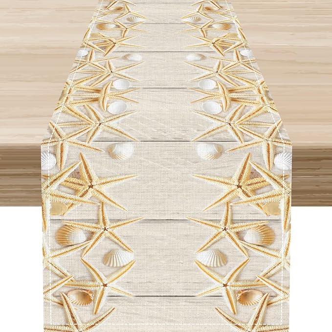 Summer Table Runner, Rustic Wood Plank Beach Starfish Seashells Coastal Nautical Tropical Ocean Farmhouse Table Center Decor for Home Kitchen Dining Patio Indoor Outdoor Decorations, 13"x36" Inch