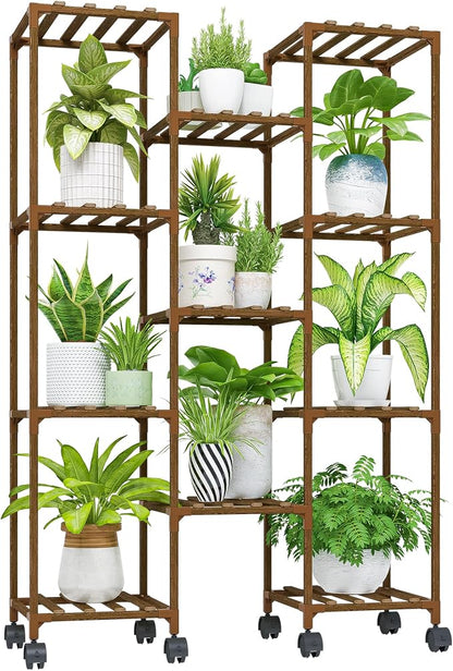 Bamworld Plant Stand With Wheels Indoor Outdoor Wood Plants Shelf by Bamworld