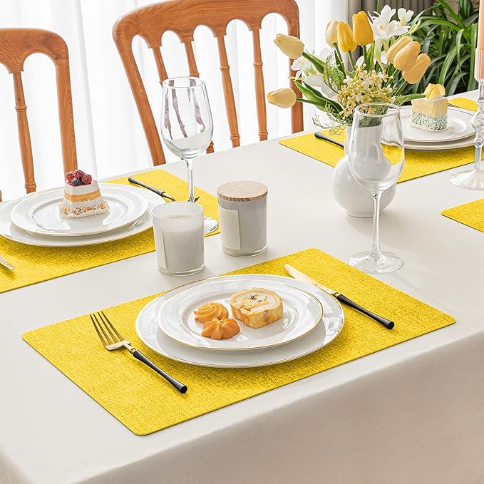 Romanstile Vinyl Placemats Set of 12-12 X 17 Inch - Heat Resistant Place Mats 100% Waterproof Oilproof Wipeable Reversible Faux Leather Table Mats for Kitchen, Dining, Party, Outdoor, Yellow
