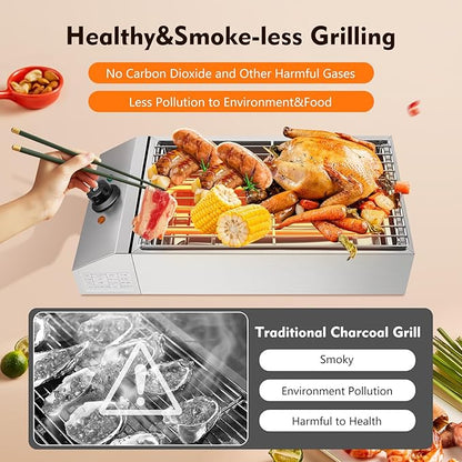 1800W Electric BBQ Grill & Countertop Electric Grill, Smokeless Indoor Outdoor Grill with Stainless Steel Grate & Adjustable Temp, Portable Commercial Grill for Home Kitchen Camping Party Use