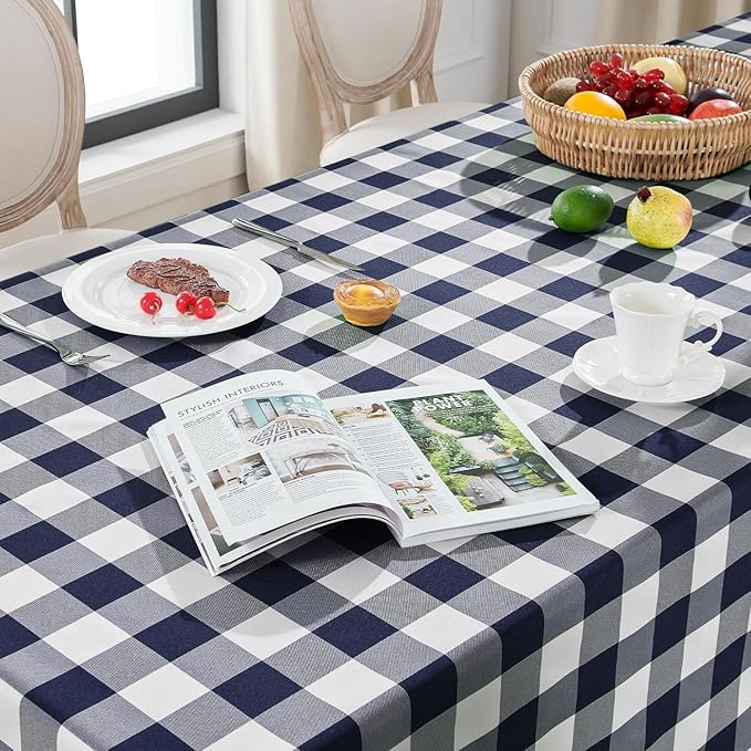 Softalker Gingham Checkered Tablecloth Rectangle - Outdoor Waterproof Buffalo Plaid Table Cloth, Stain Resistant Washable Table Cover for Picnic, Camping, Dining - Navy Blue and White, 60 x 84 Inch