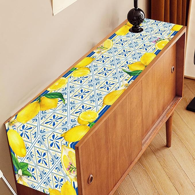 Lemon Table Runner, Blue Tile Yellow Vintage Moroccan Summer Seasonal Fresh Fruits Coffee Cafe Vintage Table Center Decor for Home Kitchen Dining Party Patio Indoor Outdoor, 13"x90" Inch