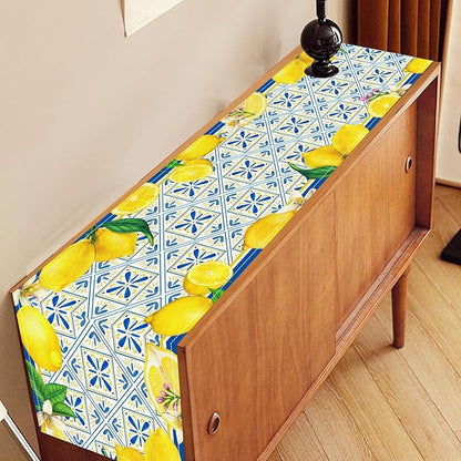 Lemon Table Runner, Blue Tile Yellow Vintage Moroccan Summer Seasonal Fresh Fruits Coffee Cafe Vintage Table Center Decor for Home Kitchen Dining Party Patio Indoor Outdoor, 13"x108" Inch